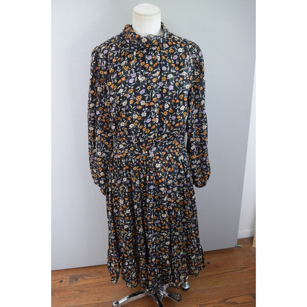 Böhme Floral Midi Dress Medium Black Mock Neck Smocked Waist Womens Boho